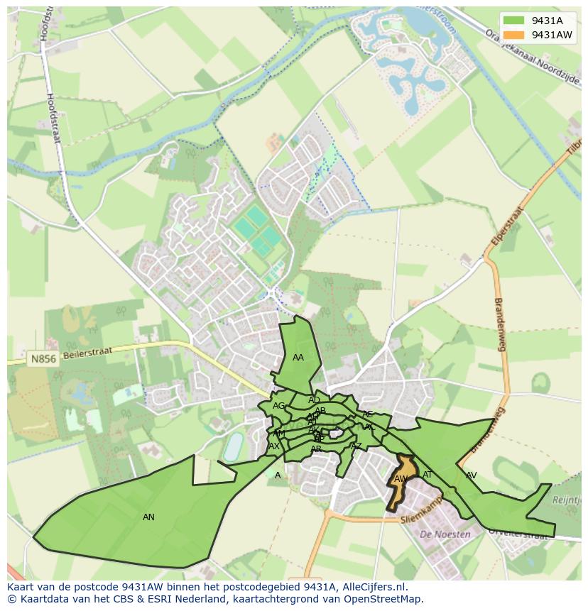Afbeelding van het postcodegebied 9431 AW op de kaart.
