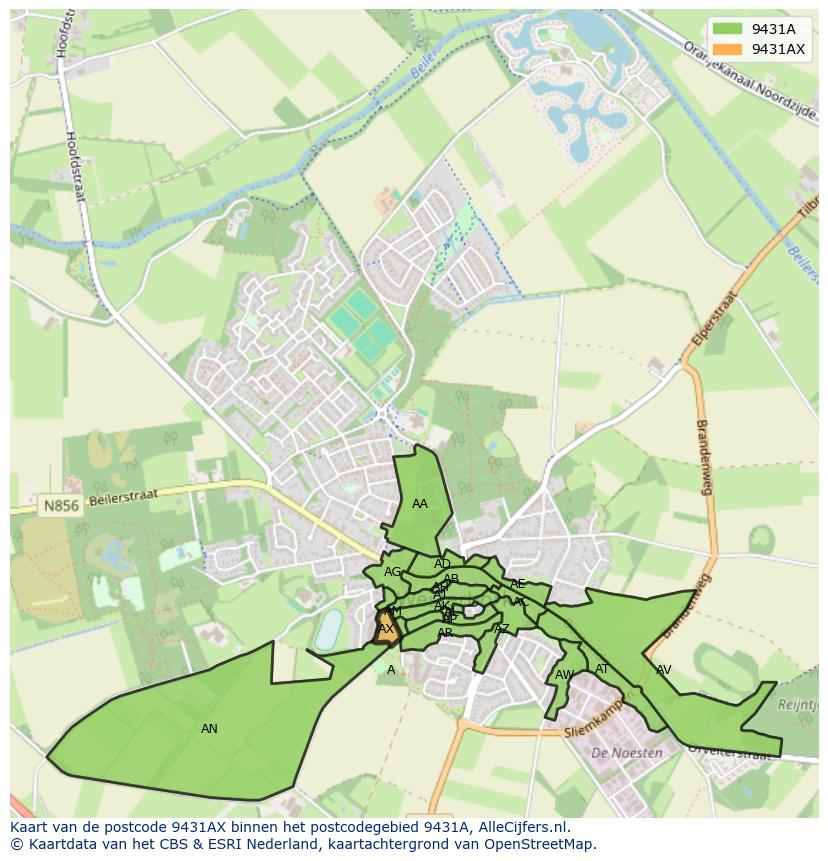 Afbeelding van het postcodegebied 9431 AX op de kaart.