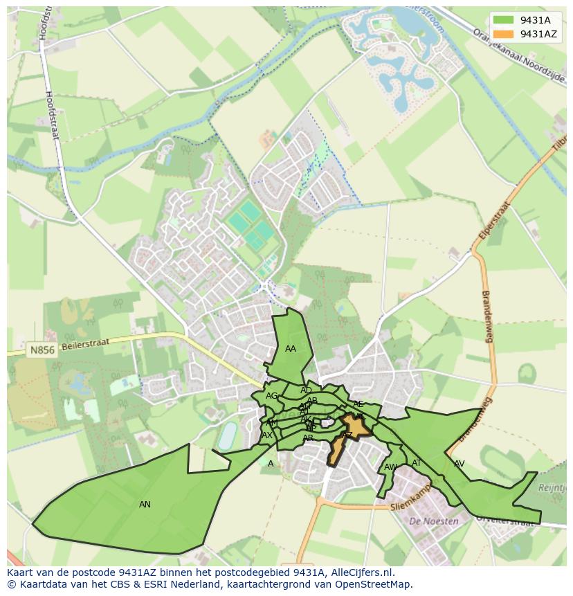 Afbeelding van het postcodegebied 9431 AZ op de kaart.