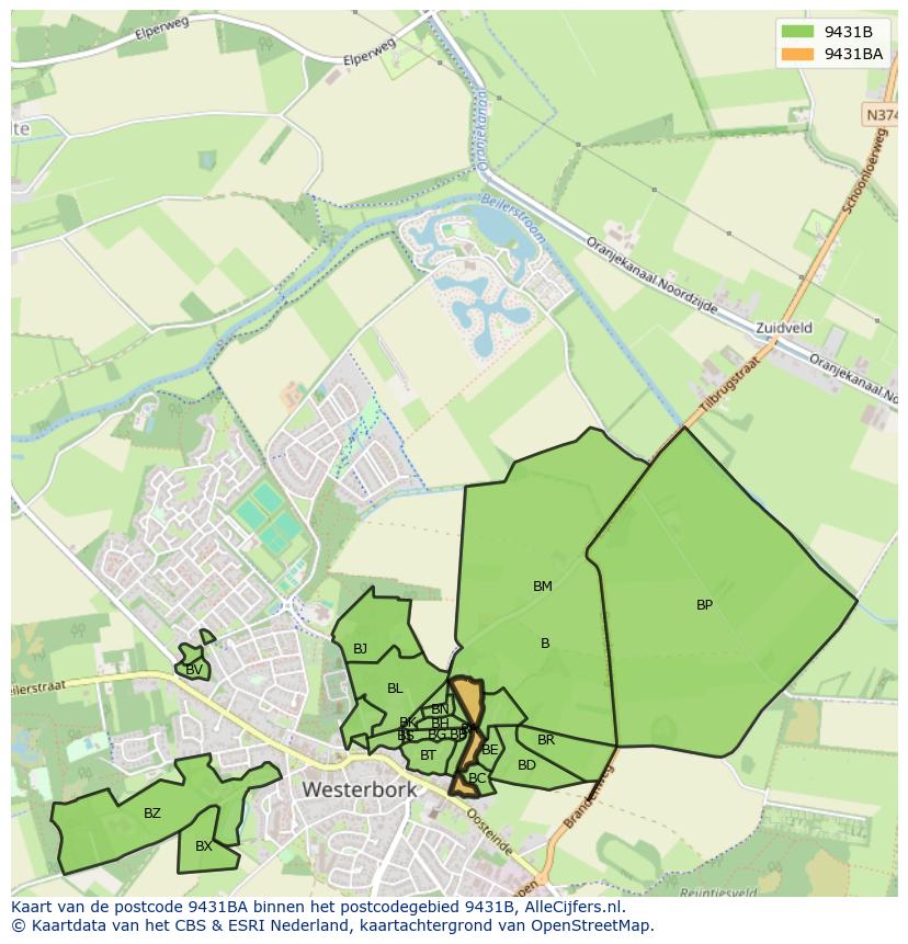Afbeelding van het postcodegebied 9431 BA op de kaart.