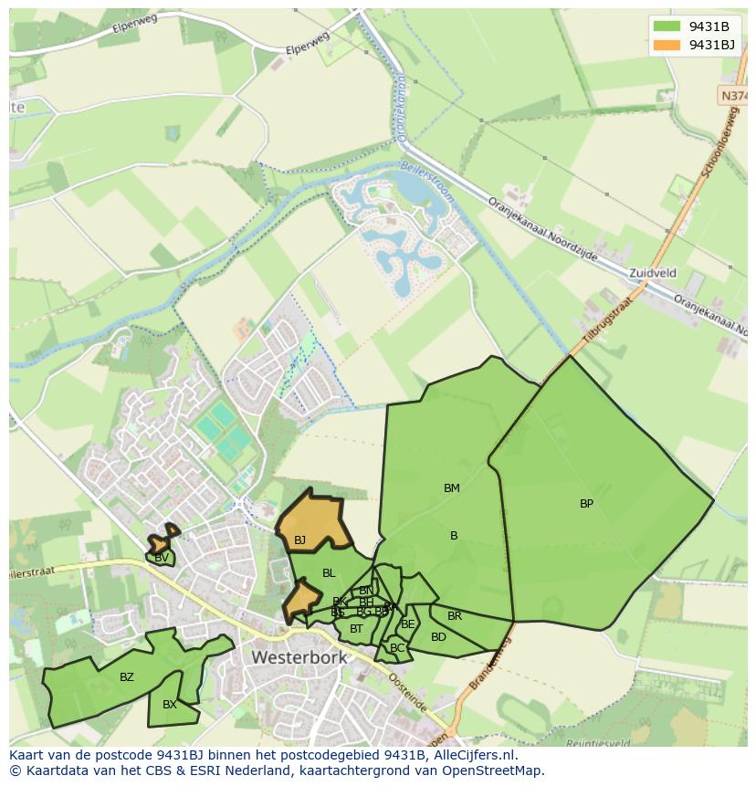 Afbeelding van het postcodegebied 9431 BJ op de kaart.