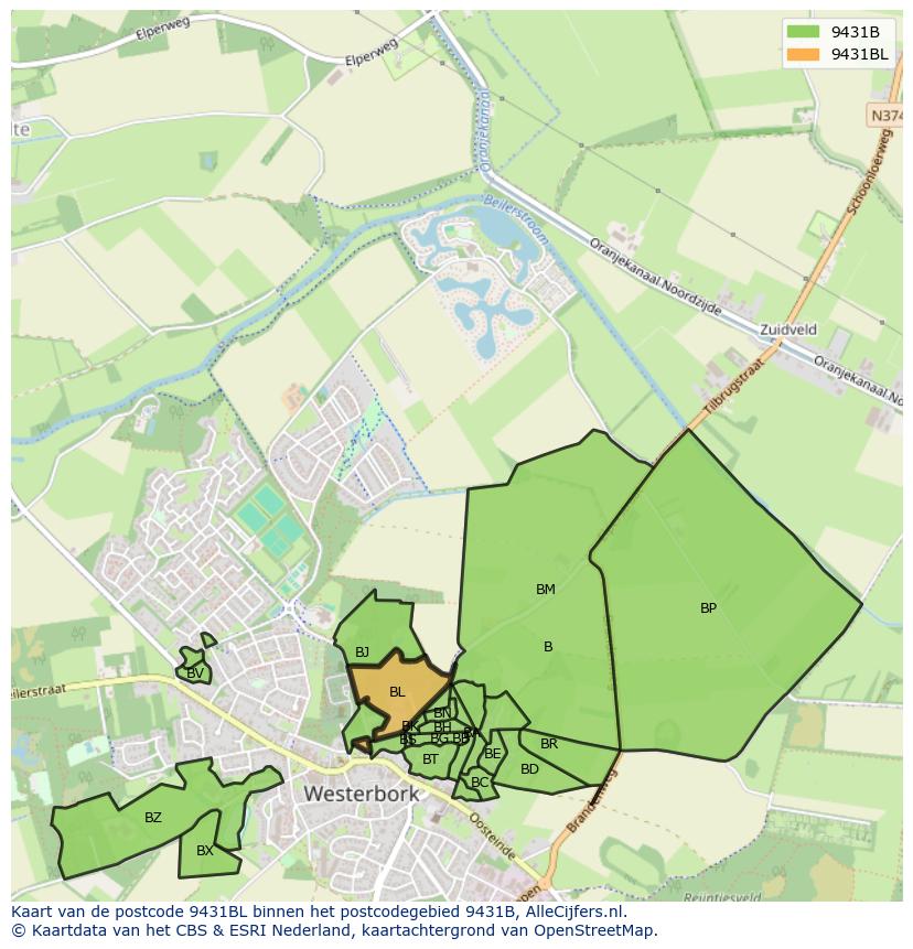 Afbeelding van het postcodegebied 9431 BL op de kaart.