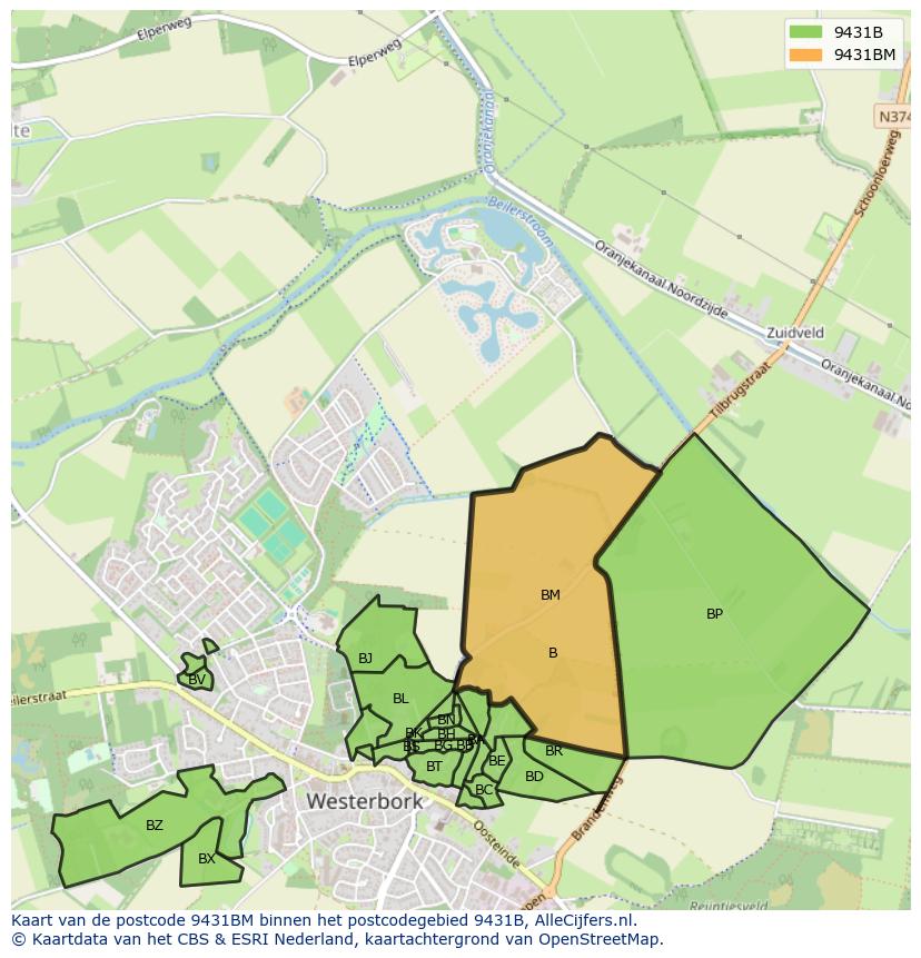 Afbeelding van het postcodegebied 9431 BM op de kaart.