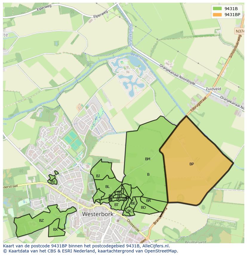 Afbeelding van het postcodegebied 9431 BP op de kaart.