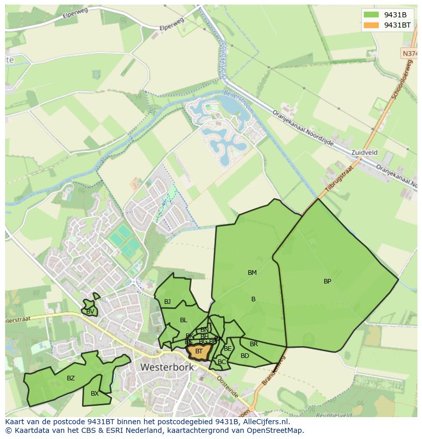 Afbeelding van het postcodegebied 9431 BT op de kaart.