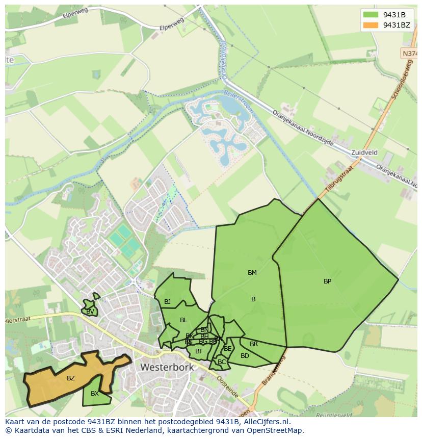 Afbeelding van het postcodegebied 9431 BZ op de kaart.