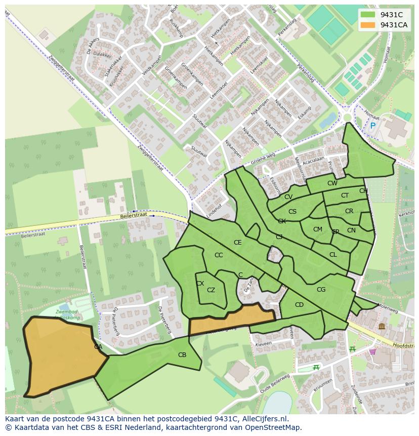 Afbeelding van het postcodegebied 9431 CA op de kaart.