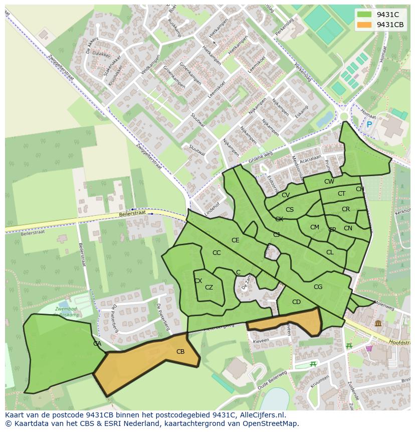 Afbeelding van het postcodegebied 9431 CB op de kaart.