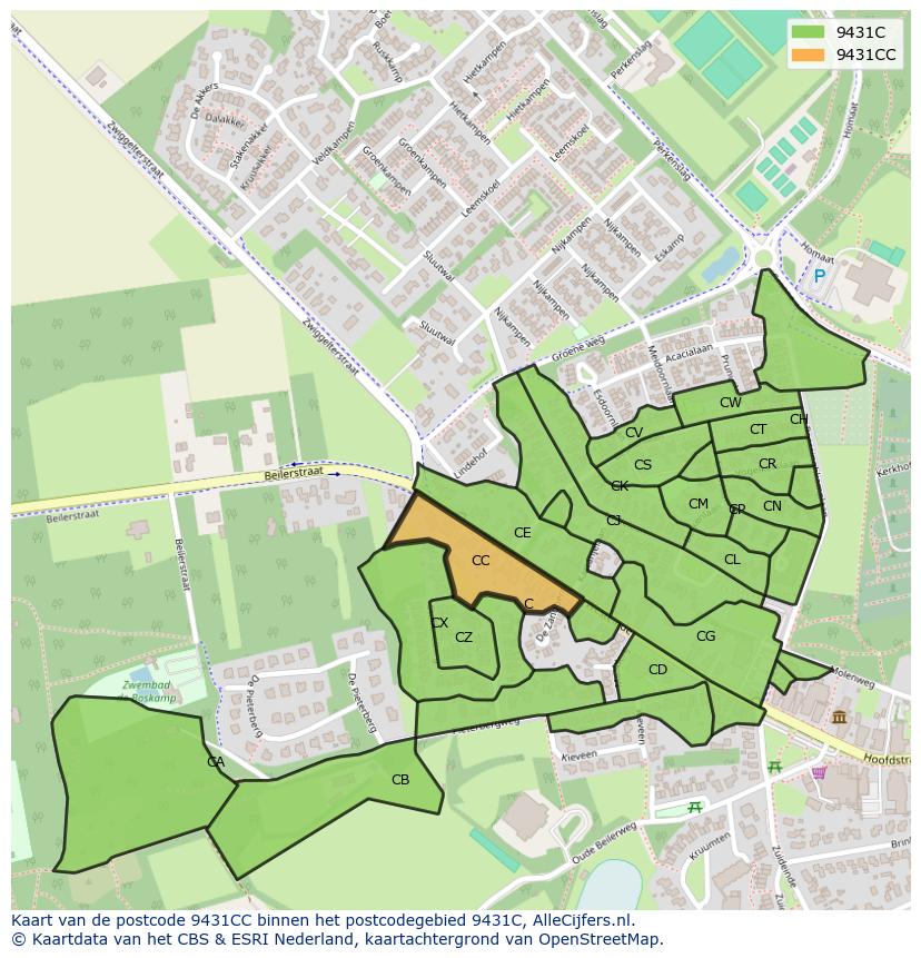 Afbeelding van het postcodegebied 9431 CC op de kaart.