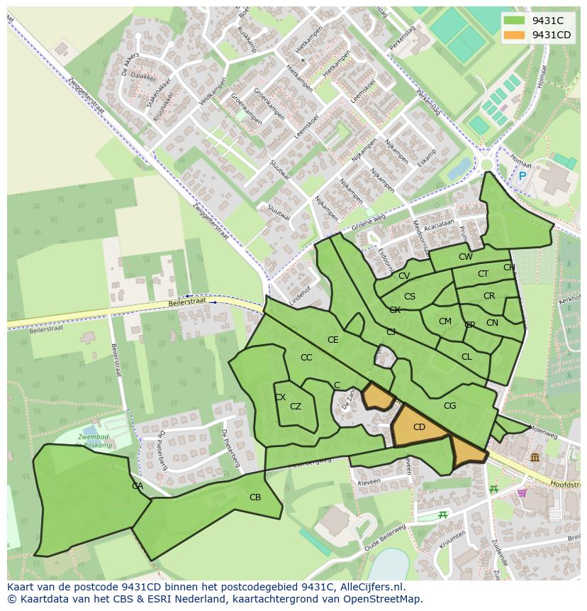 Afbeelding van het postcodegebied 9431 CD op de kaart.