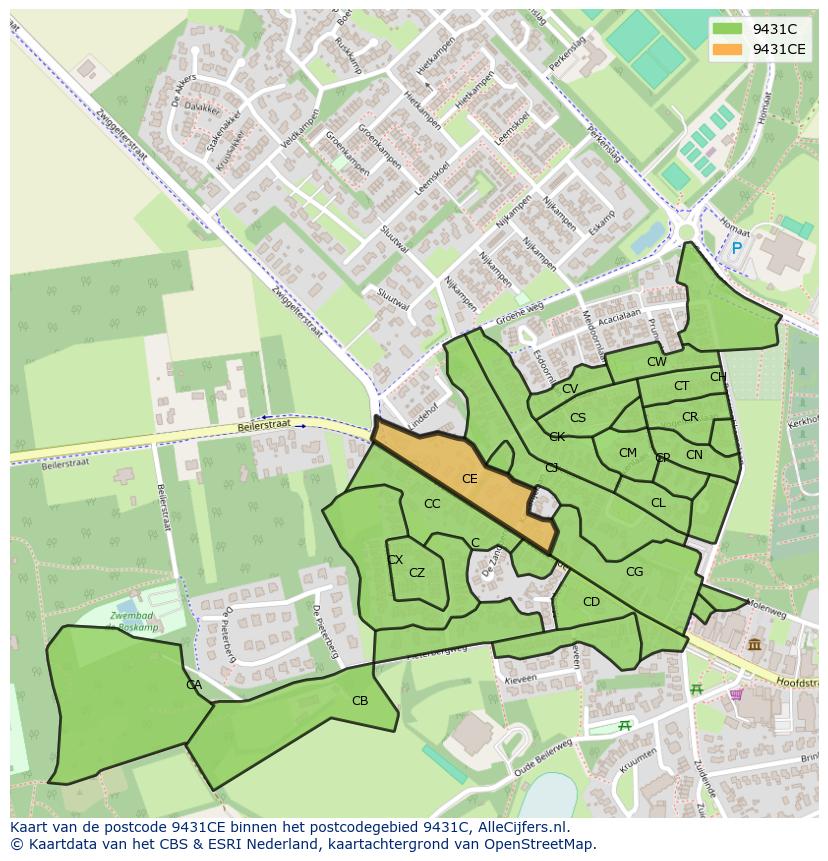 Afbeelding van het postcodegebied 9431 CE op de kaart.