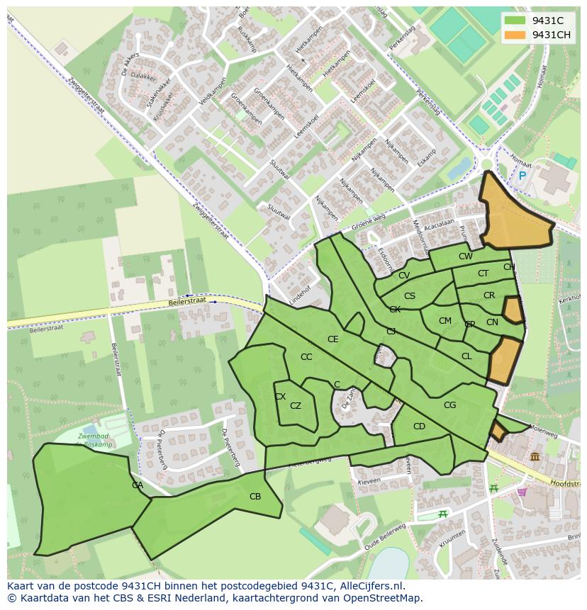 Afbeelding van het postcodegebied 9431 CH op de kaart.