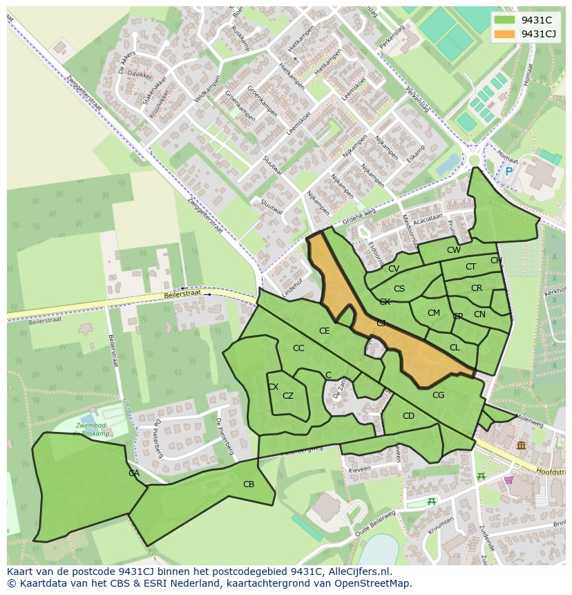 Afbeelding van het postcodegebied 9431 CJ op de kaart.