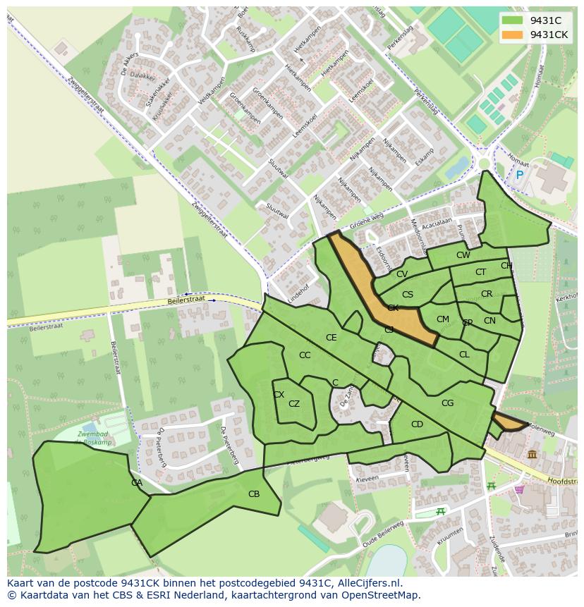 Afbeelding van het postcodegebied 9431 CK op de kaart.