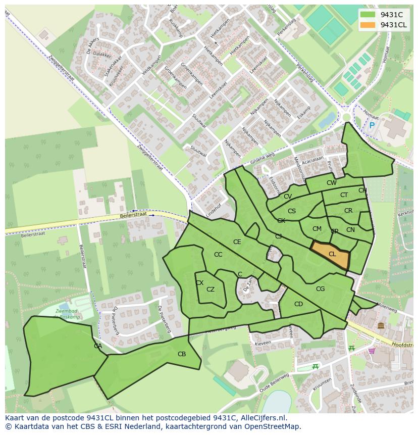 Afbeelding van het postcodegebied 9431 CL op de kaart.