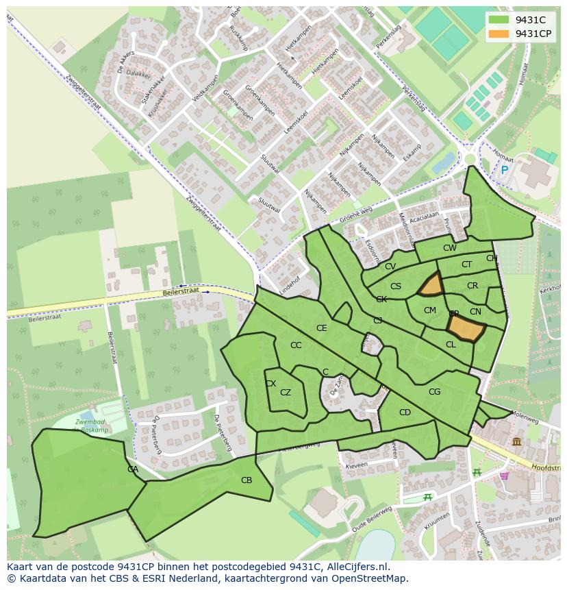 Afbeelding van het postcodegebied 9431 CP op de kaart.