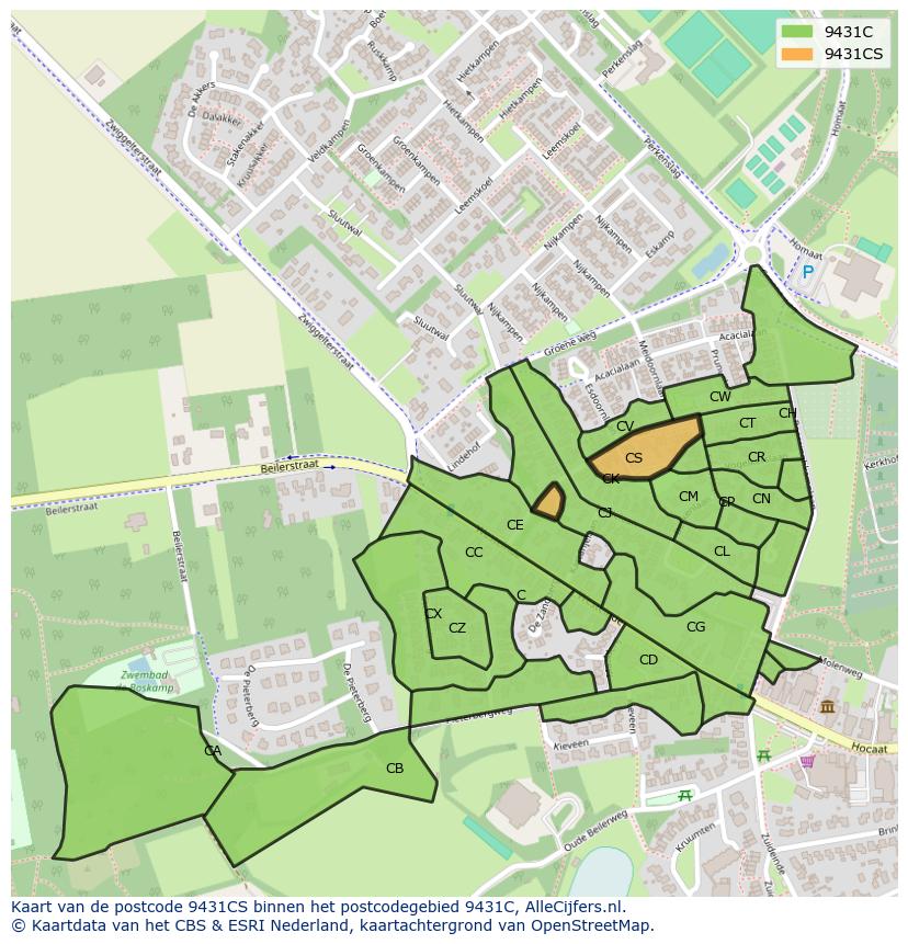 Afbeelding van het postcodegebied 9431 CS op de kaart.