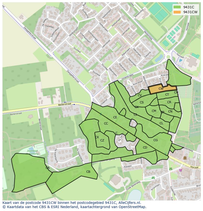 Afbeelding van het postcodegebied 9431 CW op de kaart.
