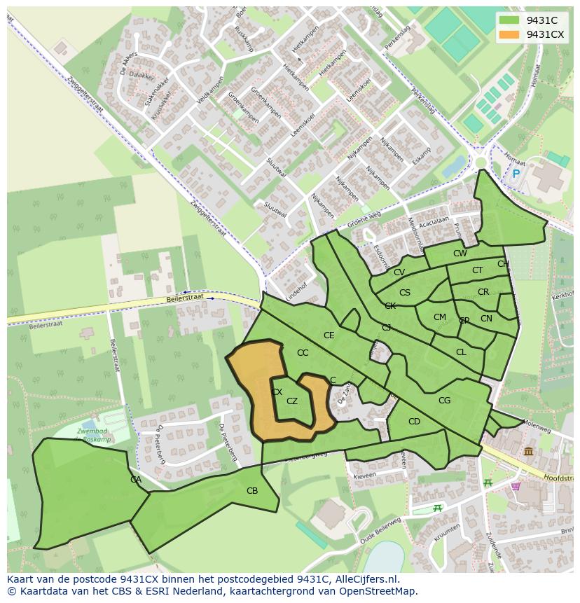 Afbeelding van het postcodegebied 9431 CX op de kaart.