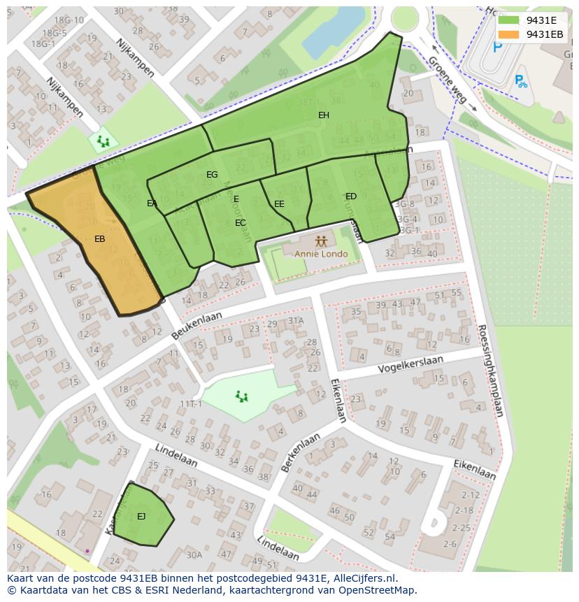 Afbeelding van het postcodegebied 9431 EB op de kaart.