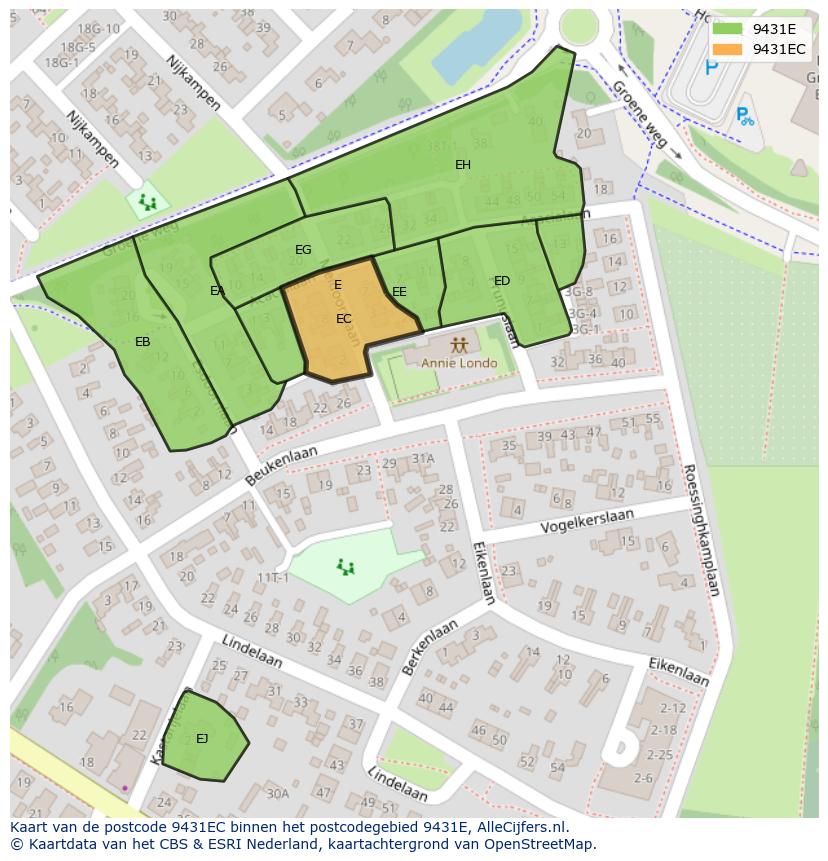 Afbeelding van het postcodegebied 9431 EC op de kaart.