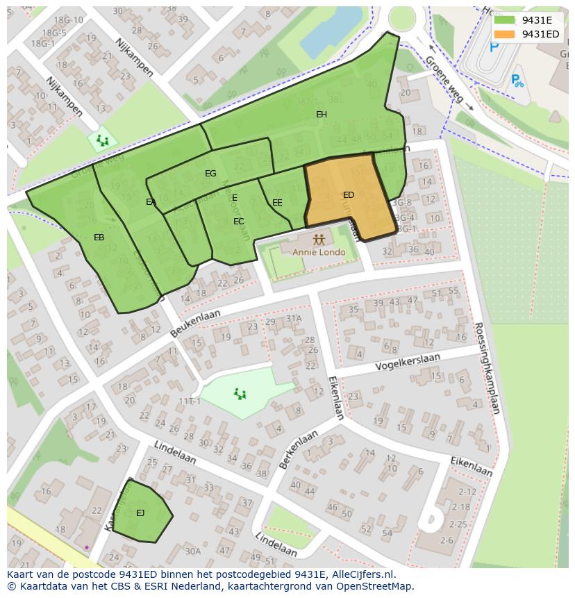 Afbeelding van het postcodegebied 9431 ED op de kaart.