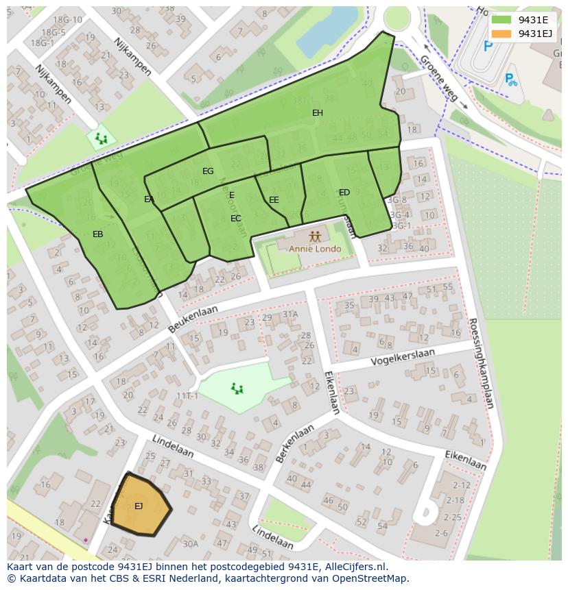 Afbeelding van het postcodegebied 9431 EJ op de kaart.