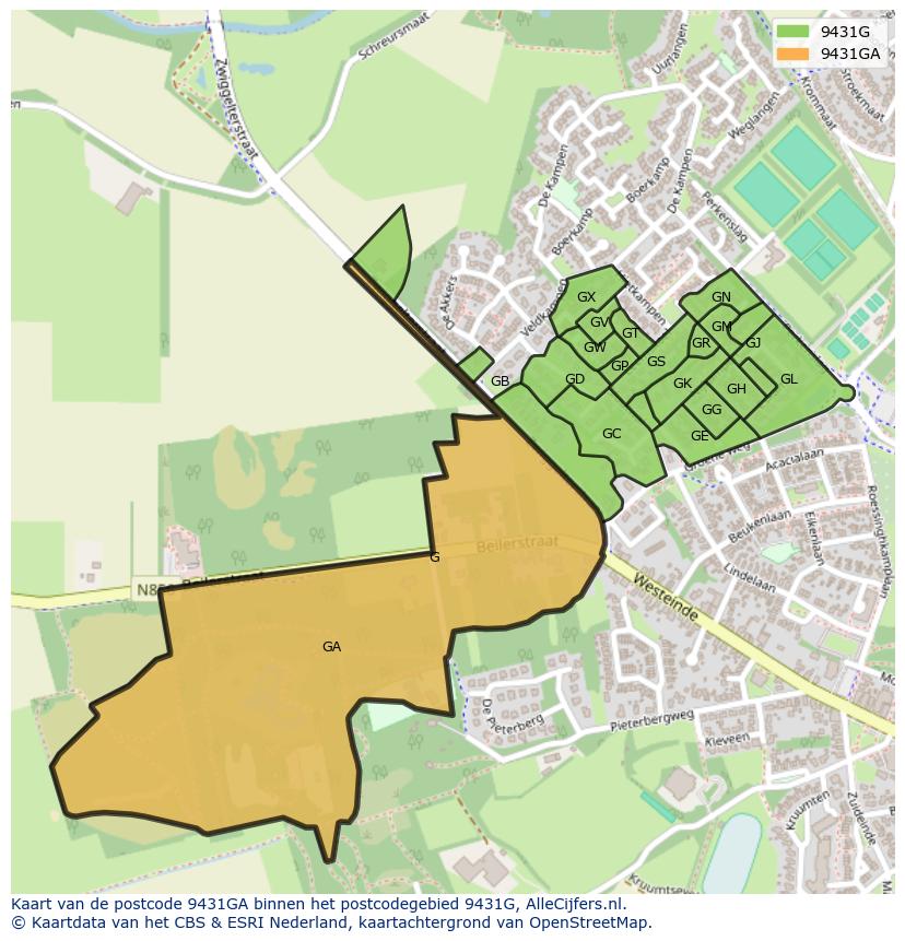 Afbeelding van het postcodegebied 9431 GA op de kaart.