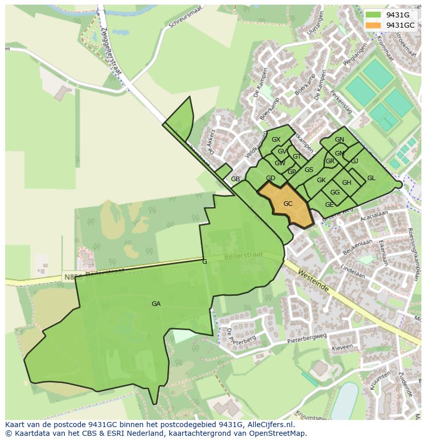 Afbeelding van het postcodegebied 9431 GC op de kaart.