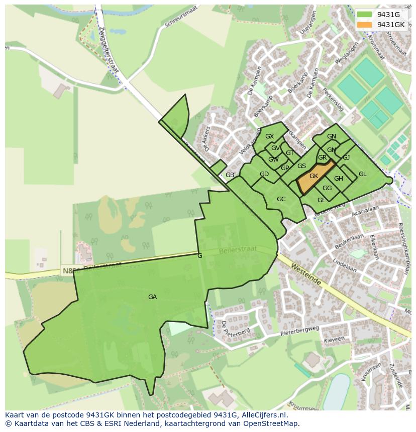 Afbeelding van het postcodegebied 9431 GK op de kaart.