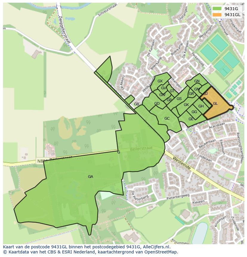 Afbeelding van het postcodegebied 9431 GL op de kaart.