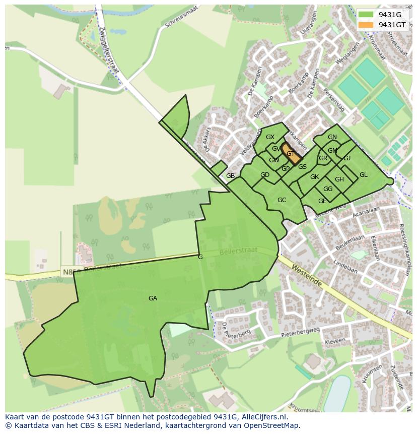 Afbeelding van het postcodegebied 9431 GT op de kaart.