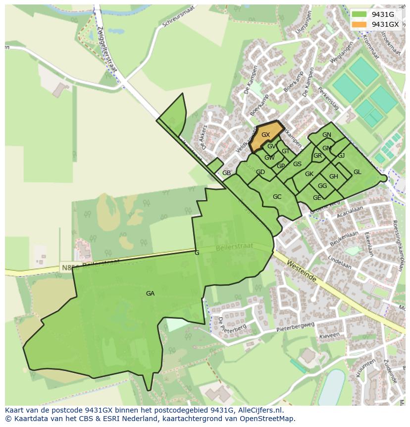 Afbeelding van het postcodegebied 9431 GX op de kaart.