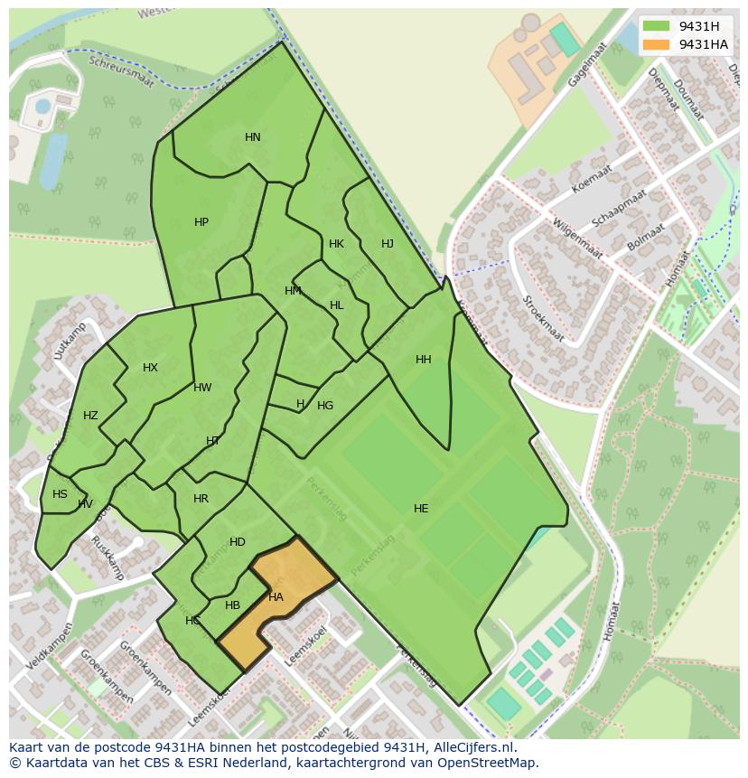 Afbeelding van het postcodegebied 9431 HA op de kaart.