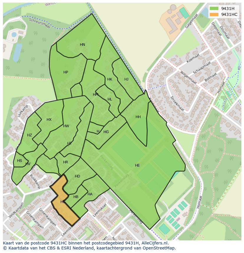Afbeelding van het postcodegebied 9431 HC op de kaart.