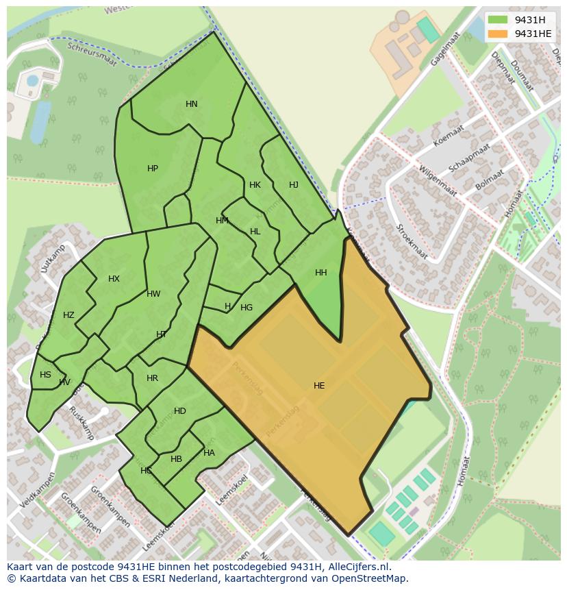 Afbeelding van het postcodegebied 9431 HE op de kaart.