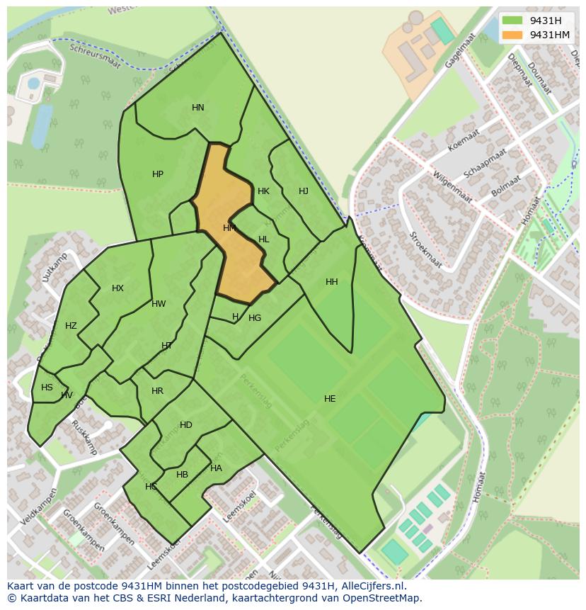 Afbeelding van het postcodegebied 9431 HM op de kaart.