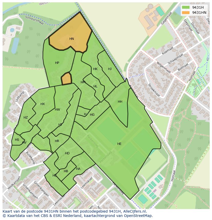 Afbeelding van het postcodegebied 9431 HN op de kaart.