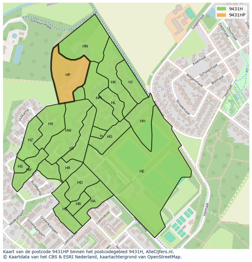Afbeelding van het postcodegebied 9431 HP op de kaart.