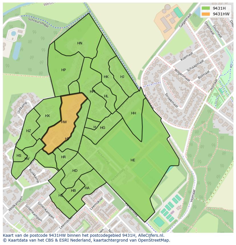 Afbeelding van het postcodegebied 9431 HW op de kaart.