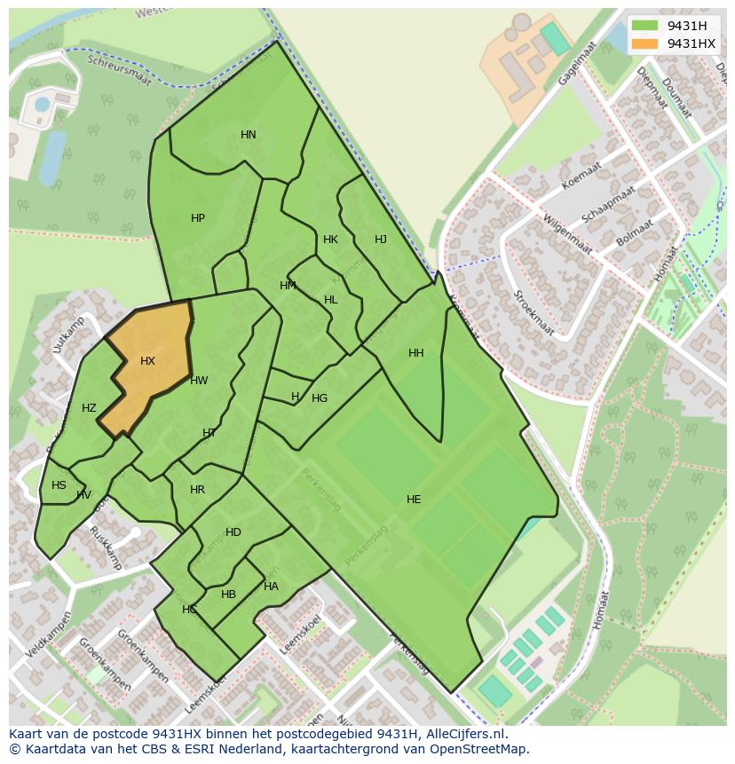 Afbeelding van het postcodegebied 9431 HX op de kaart.