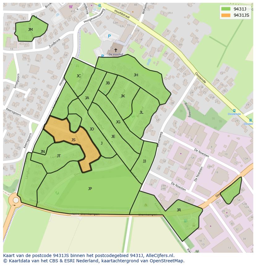 Afbeelding van het postcodegebied 9431 JS op de kaart.