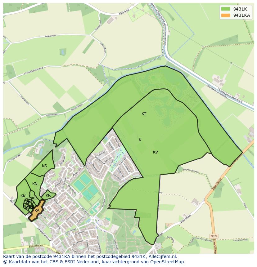 Afbeelding van het postcodegebied 9431 KA op de kaart.