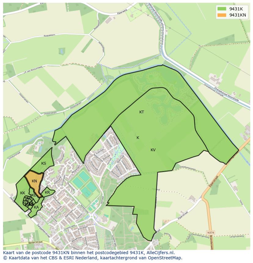 Afbeelding van het postcodegebied 9431 KN op de kaart.