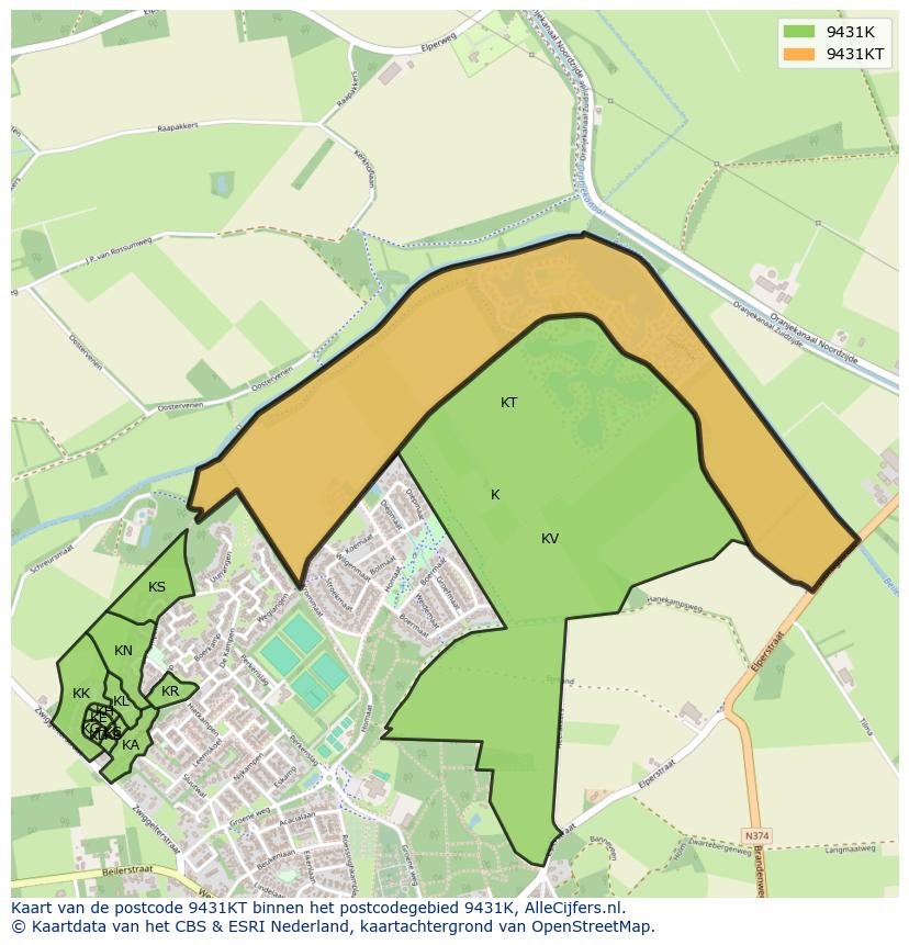 Afbeelding van het postcodegebied 9431 KT op de kaart.