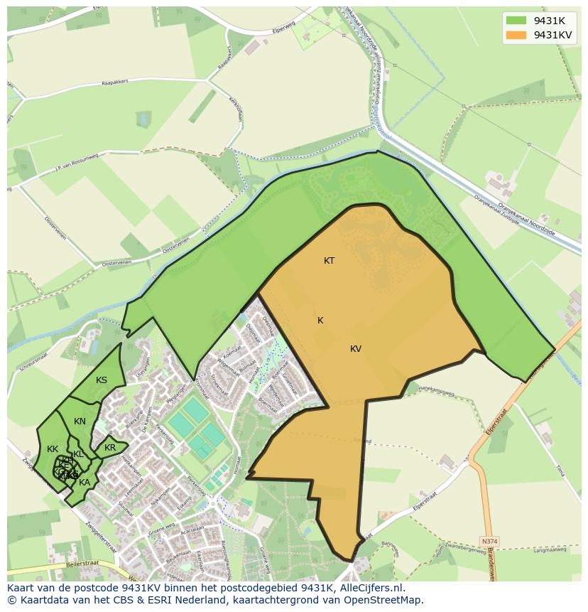 Afbeelding van het postcodegebied 9431 KV op de kaart.