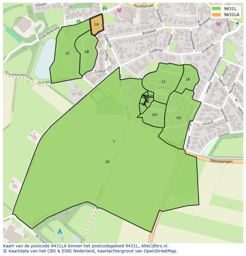 Afbeelding van het postcodegebied 9431 LA op de kaart.