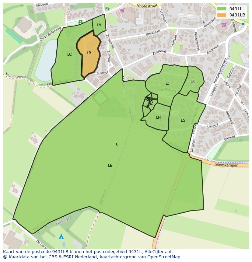 Afbeelding van het postcodegebied 9431 LB op de kaart.