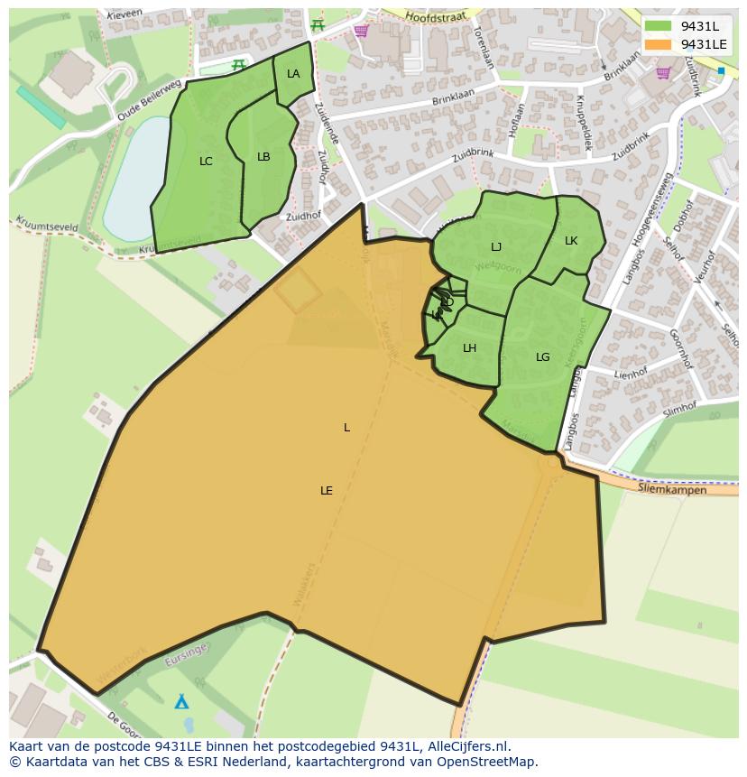 Afbeelding van het postcodegebied 9431 LE op de kaart.