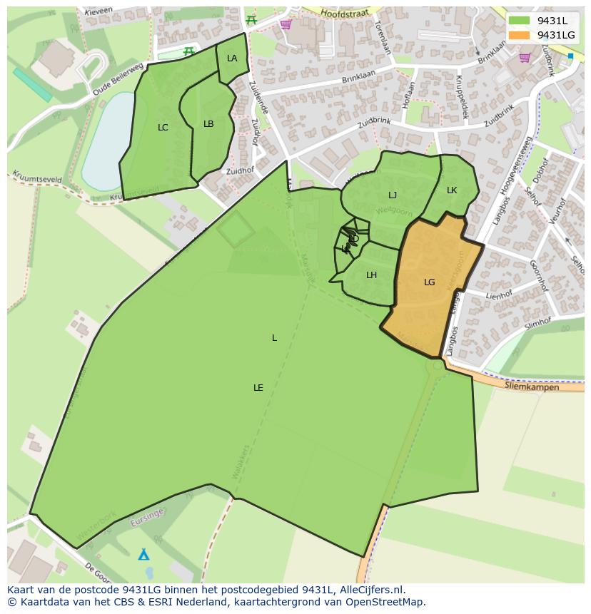 Afbeelding van het postcodegebied 9431 LG op de kaart.